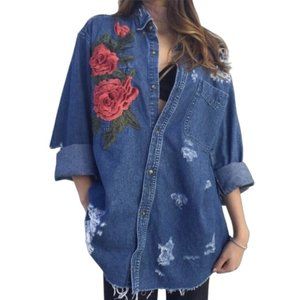 LF Furst of a Kind Distressed Oversized Denim Shirt With Rose Patches